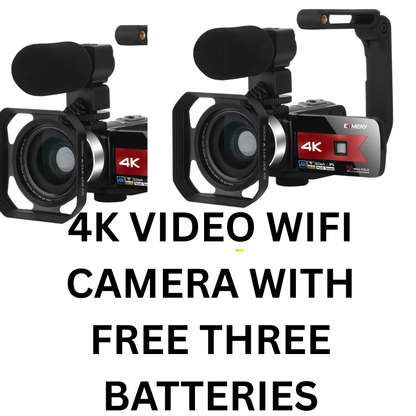 🎥 4K Ultra HD WiFi Video Camera with Pro Microphone & FREE 3 Batteries