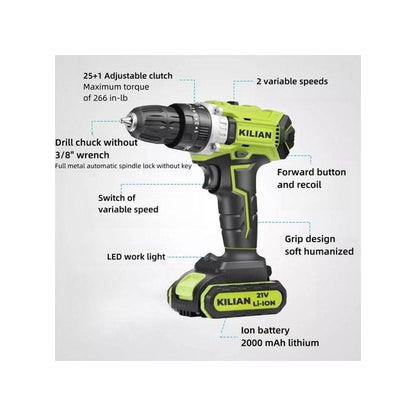 🛠️ KILIAN ETHAN 21V Cordless Impact Drill Screw Machine (10mm) with Complete Tool Kit