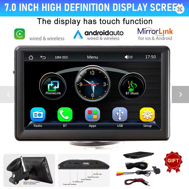 🚘 7-Inch Portable Touchscreen Car Display with Apple CarPlay & Android Auto